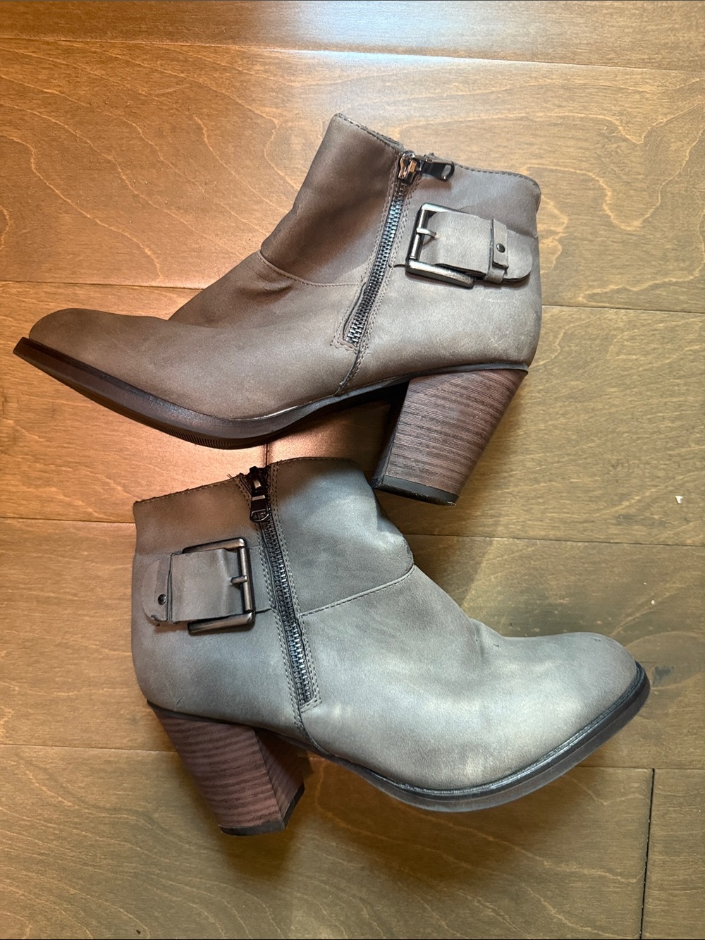 Women's Taupe Buckle Ankle Booties with Stacked Heel